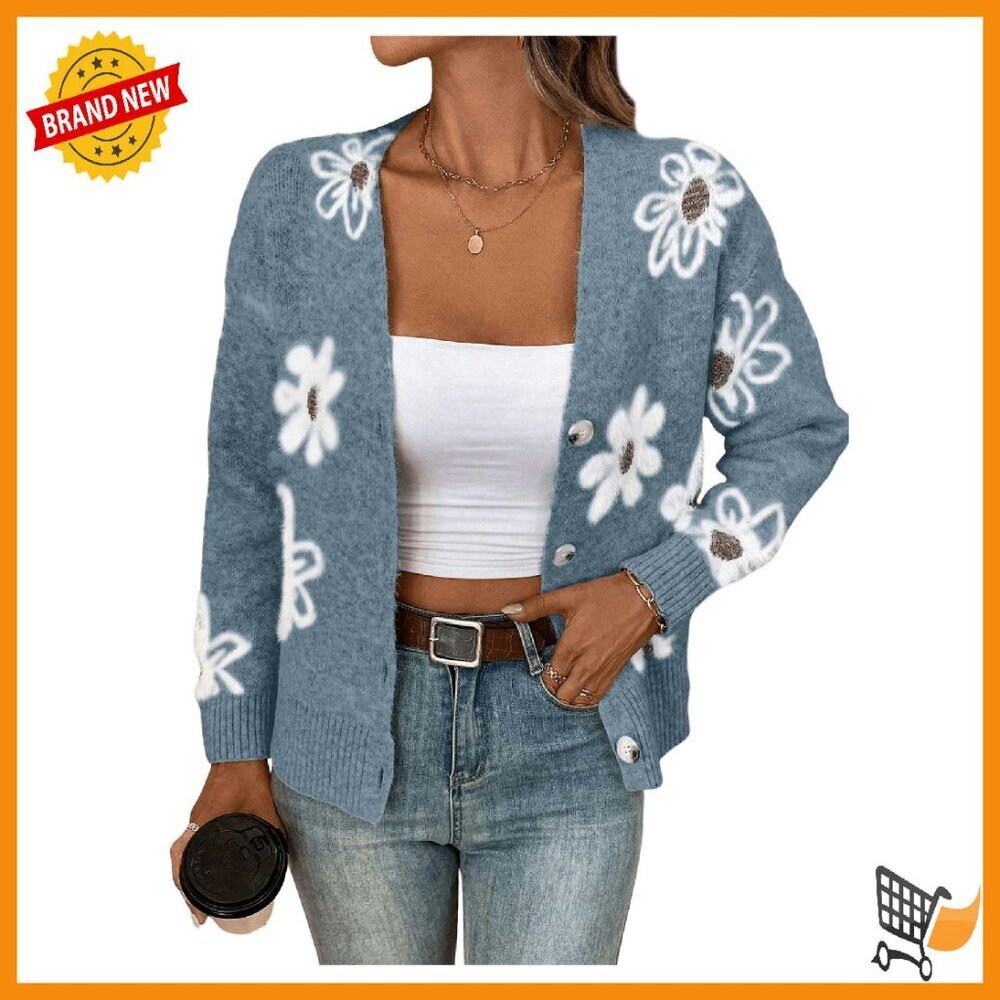 Floral Open Front Cardigan Sweater Long Sleeve Button Down Knit